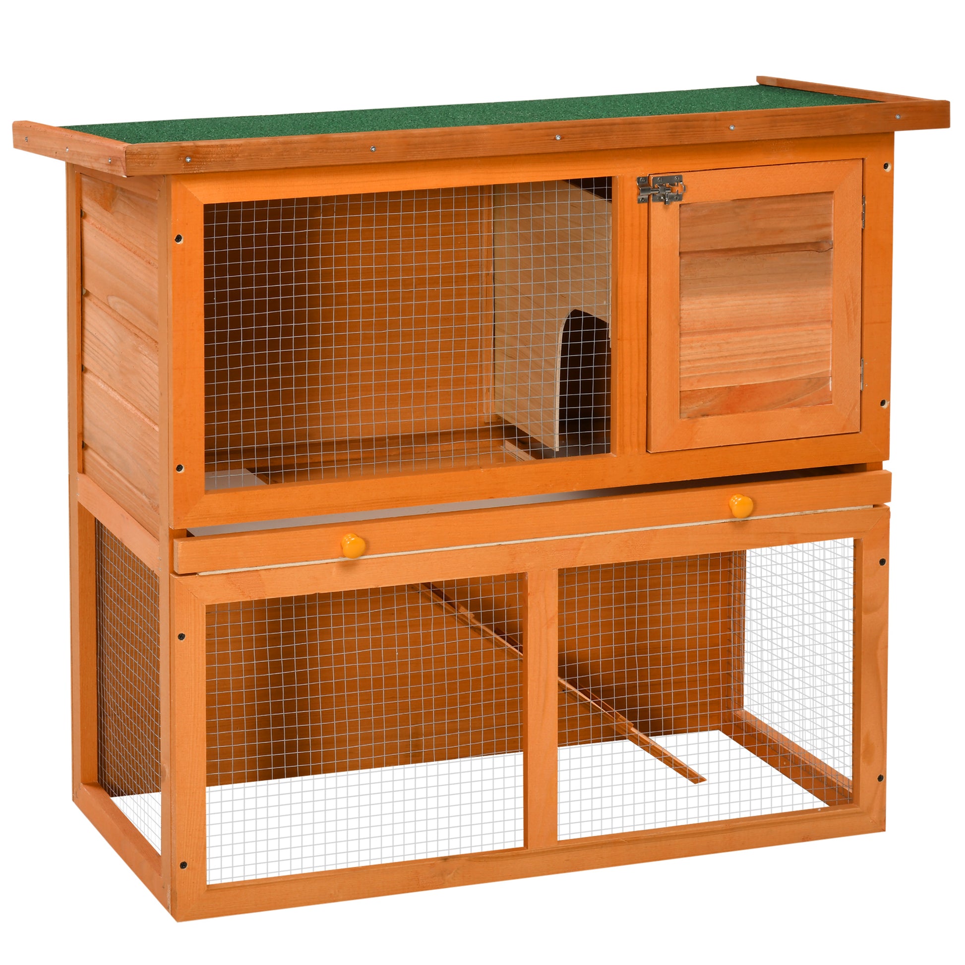 Wooden Rabbit Hutch, Indoor Outdoor Bunny Cage with Run, 2- Level Guinea Pig House with Slide-Out Tray, Waterproof Roof,