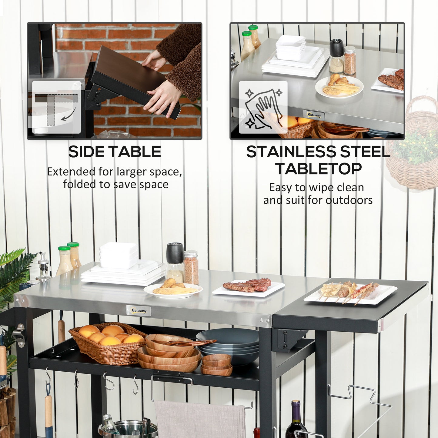 3-Shelf Outdoor Grill Cart Table with Foldable Side Table and Stainless Steel Table Top, Pizza Oven Stand on Wheels