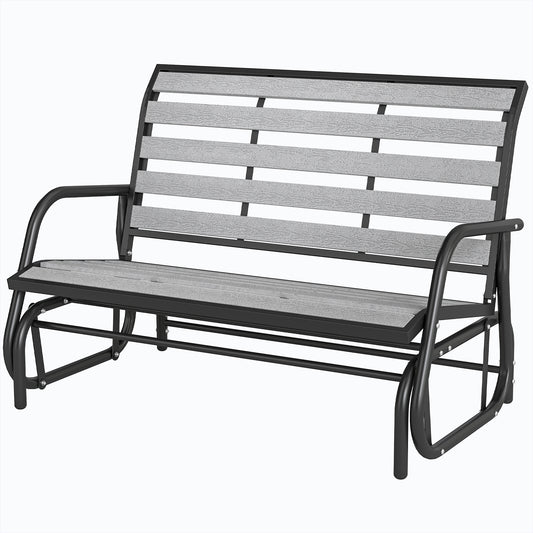 2 Person Outdoor Glider Bench, Patio Glider Loveseat with Faux Wood Slatted Seat and Back, Steel Frame, Grey