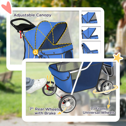 3 Wheels Foldable Dog Stroller with Storage Basket, Adjustable Canopy, Cupholder for Miniature and Small Dogs, Blue