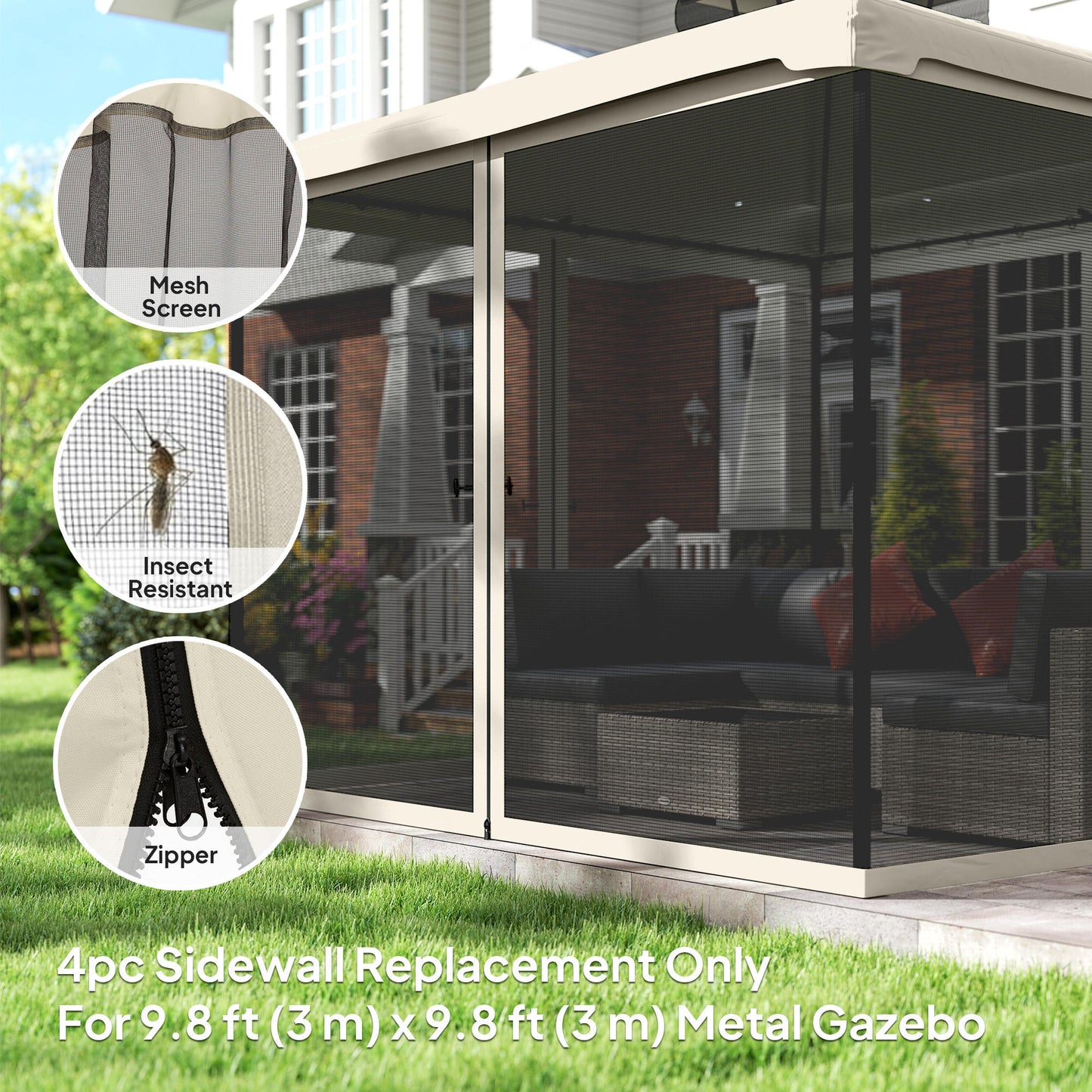 Replacement Mosquito Netting for Gazebo 10' x 10' Black Screen Walls for Canopy with Zippers for Parties and Outdoor Act