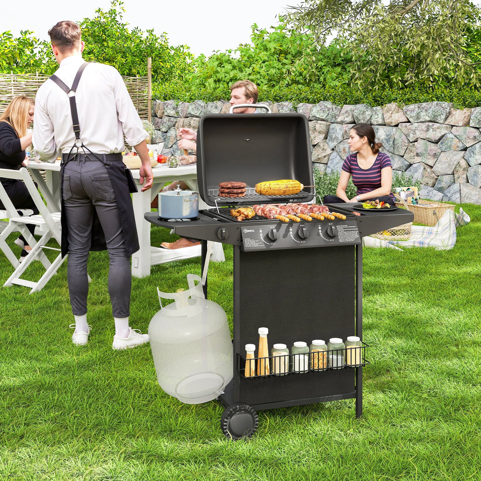 3+1 Burner Propane Gas BBQ Grill, Portable Gas Barbecue Grill with Side Burner, Thermometer, Lid, Side Table, Shelf, Spi