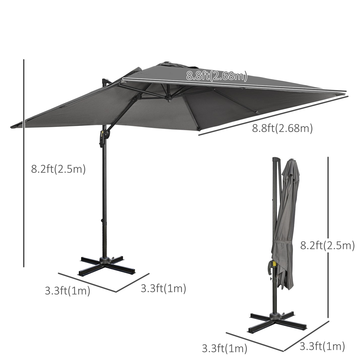 9ft Cantilever Patio Umbrella, Square Overhanging Umbrella with Cross Base, Crank Handle, Tilt, 360° Rotation and Alumin