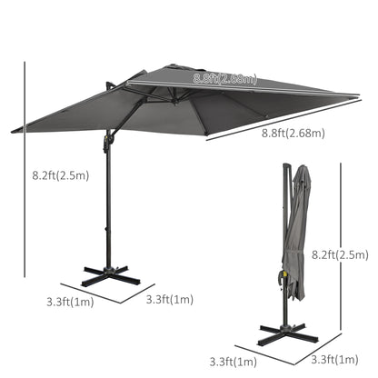 9ft Cantilever Patio Umbrella, Square Overhanging Umbrella with Cross Base, Crank Handle, Tilt, 360° Rotation and Alumin