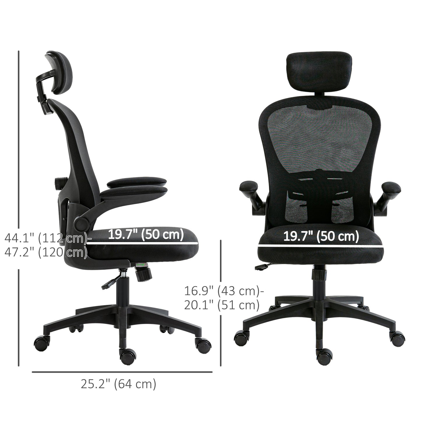 Office Chair, Mesh Computer Desk Chair with Adjustable Headrest, 4D Lumbar Support, Flip-up Arm, Black