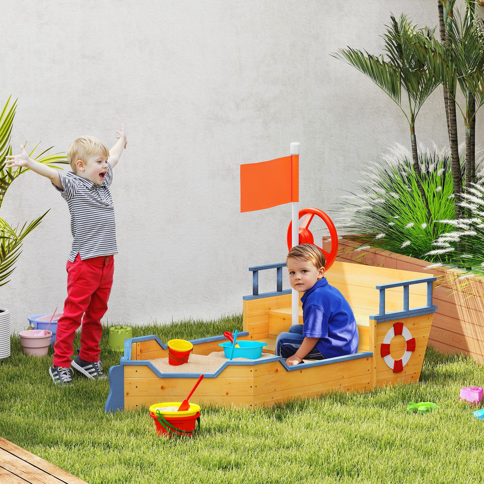 Kids Wooden Sandbox Pirate Ship Sandboat Outdoor Backyard Playset Children Sandpit w/ Bench Seat Storage Space & Flag fo
