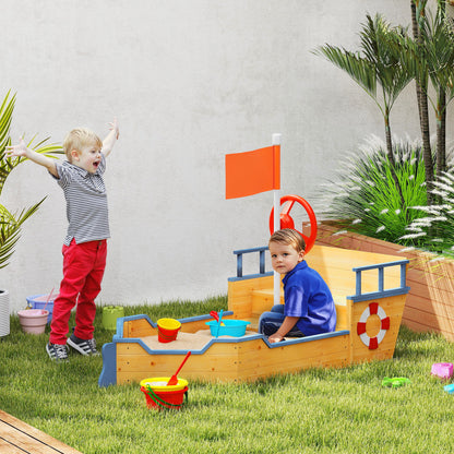 Kids Wooden Sandbox Pirate Ship Sandboat Outdoor Backyard Playset Children Sandpit w/ Bench Seat Storage Space & Flag fo