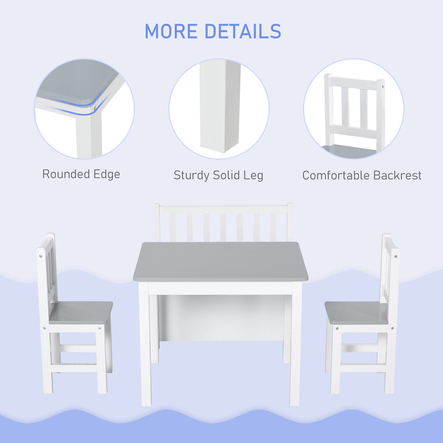 Qaba 4-Piece Set Kids Wood Table Chair Bench with Storage Function Gift for Toddlers