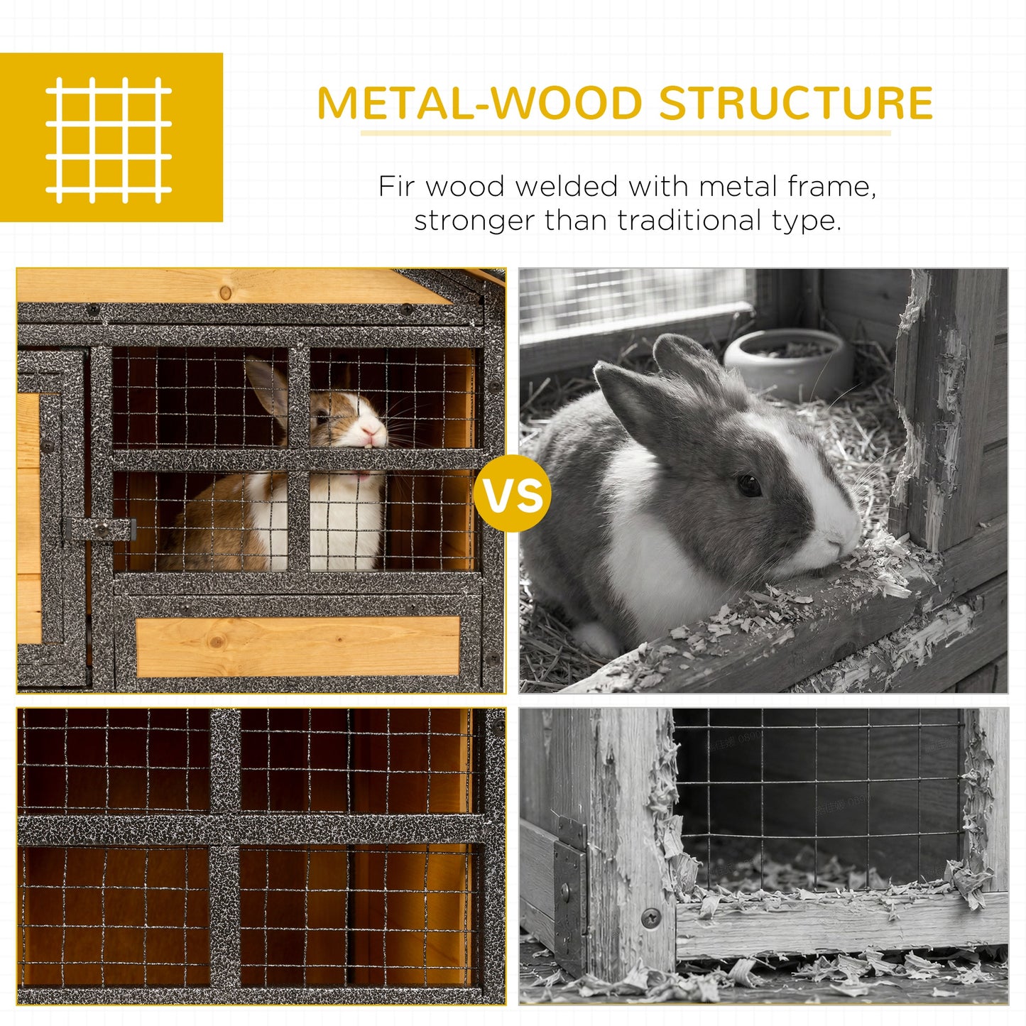 Rabbit Hutch Outdoor, 48"L Large Wooden Bunny Cage with Run, Bite-Resistant Metal Frame, Removable Plastic Tray, Asphalt