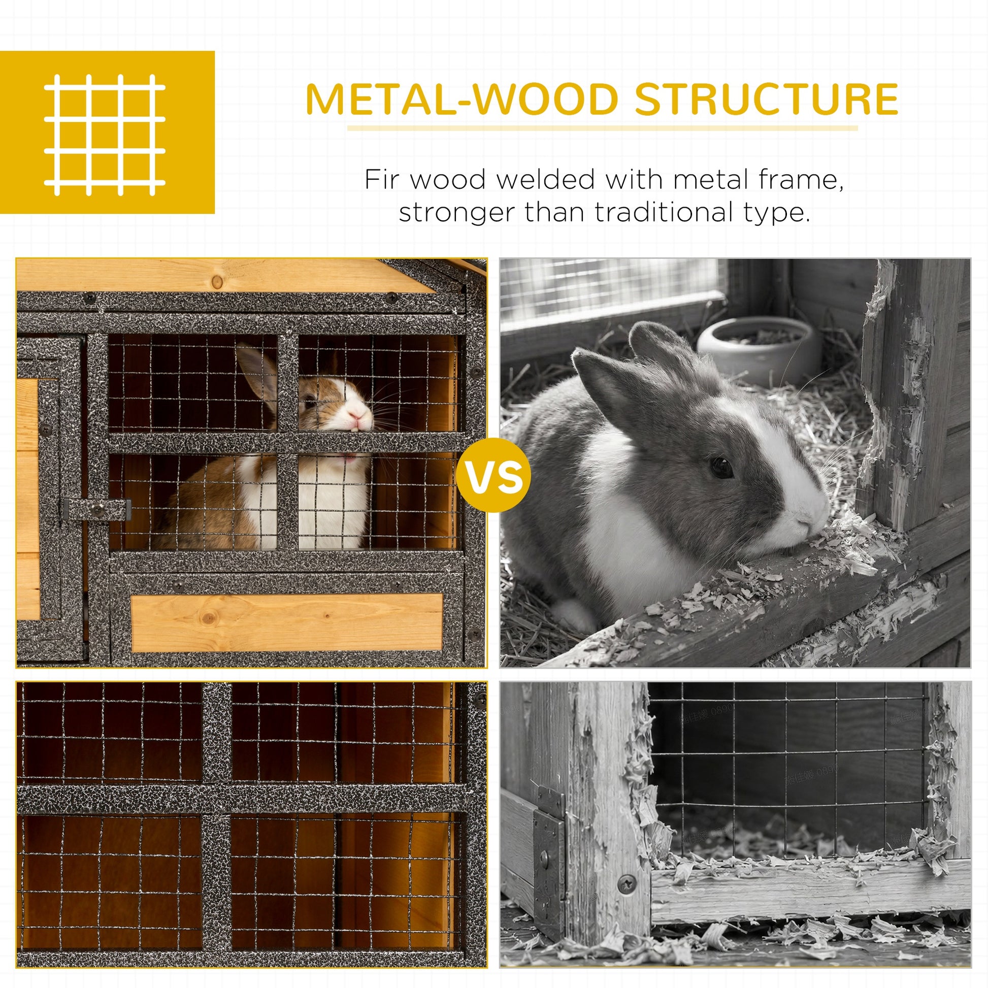 Rabbit Hutch Outdoor, 48"L Large Wooden Bunny Cage with Run, Bite-Resistant Metal Frame, Removable Plastic Tray, Asphalt