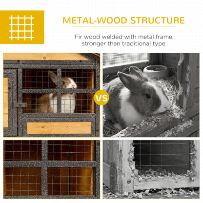 Rabbit Hutch Outdoor, 48"L Large Wooden Bunny Cage with Run, Bite-Resistant Metal Frame, Removable Plastic Tray, Asphalt