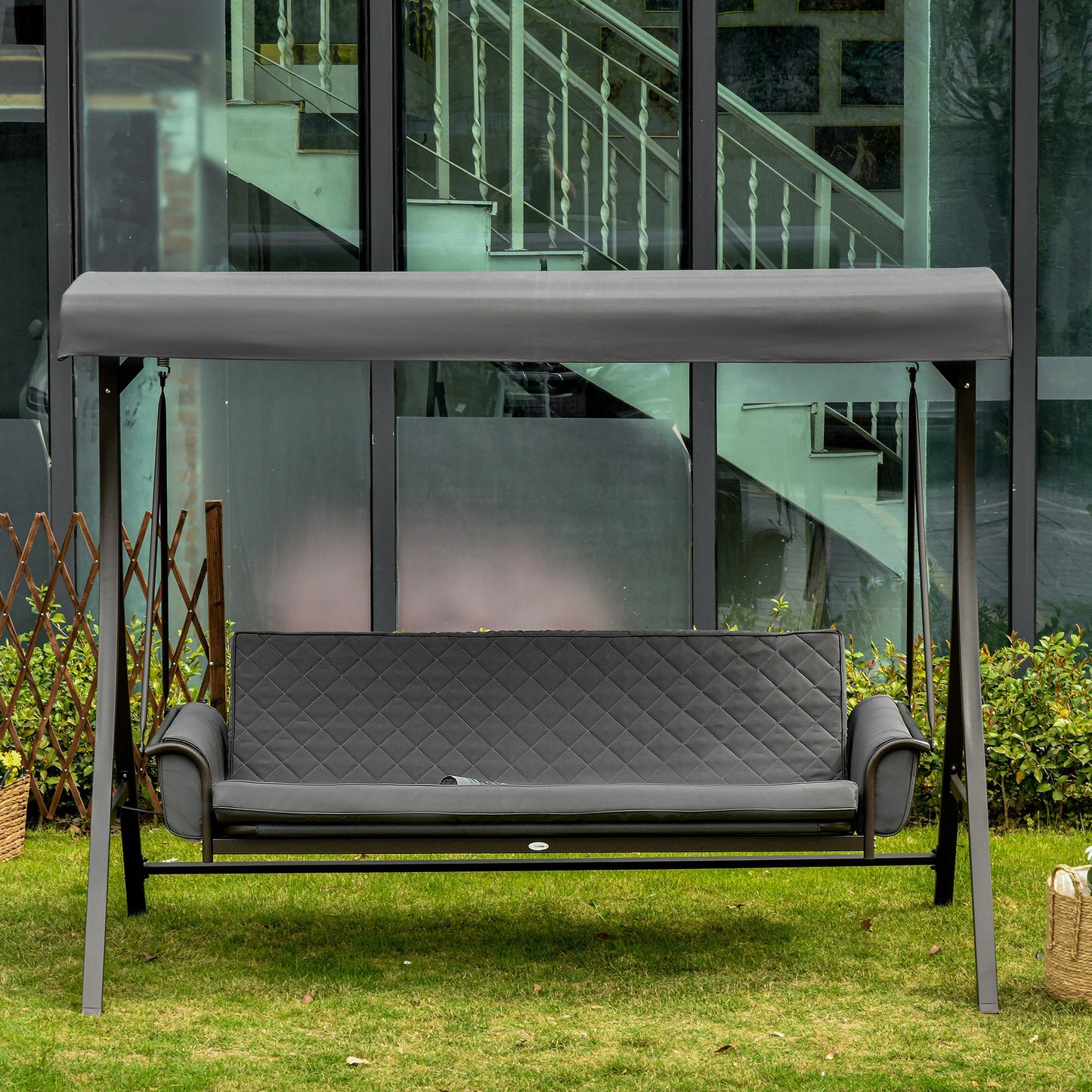 3 Person Porch Swing Bench with Adjustable Canopy, Cushions, Pillows for Porch and Backyard, Dark Grey