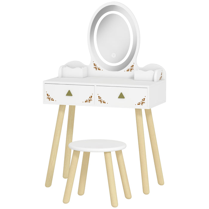 Qaba Kids Vanity Set with Mirror, Stool, 3-Colour LED Lights, Girls Dressing Table Pretend Play for Kids Room, Pink