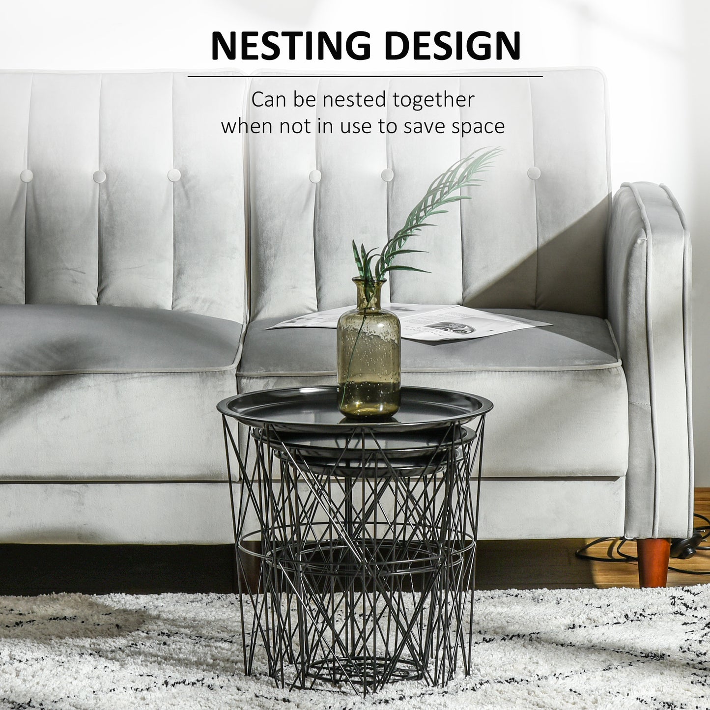 Set of 3 Nesting Coffee Tables with Storage, Round End Table with Removable Tray, Basket Side Tables with Metal Frame fo