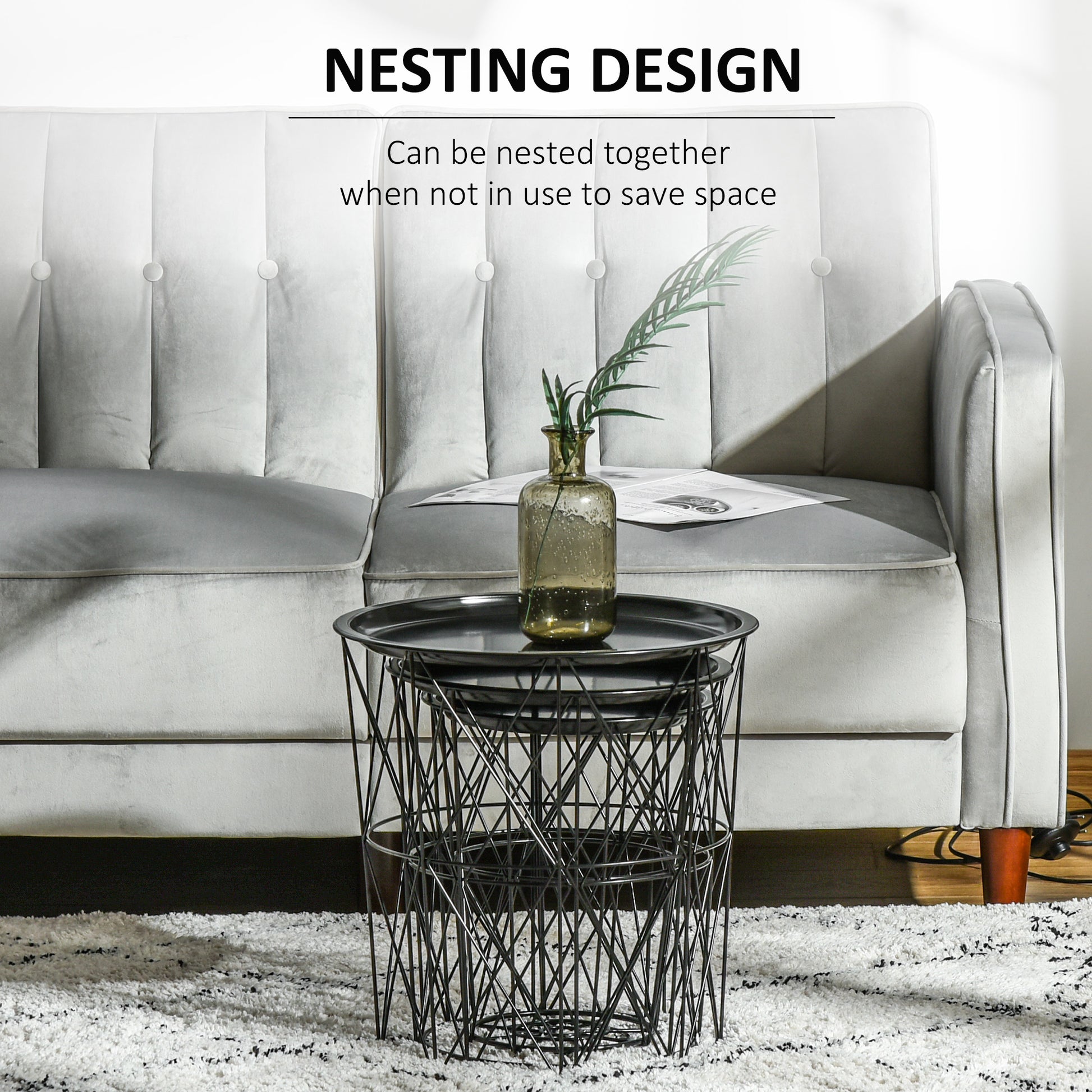 Set of 3 Nesting Coffee Tables with Storage, Round End Table with Removable Tray, Basket Side Tables with Metal Frame fo