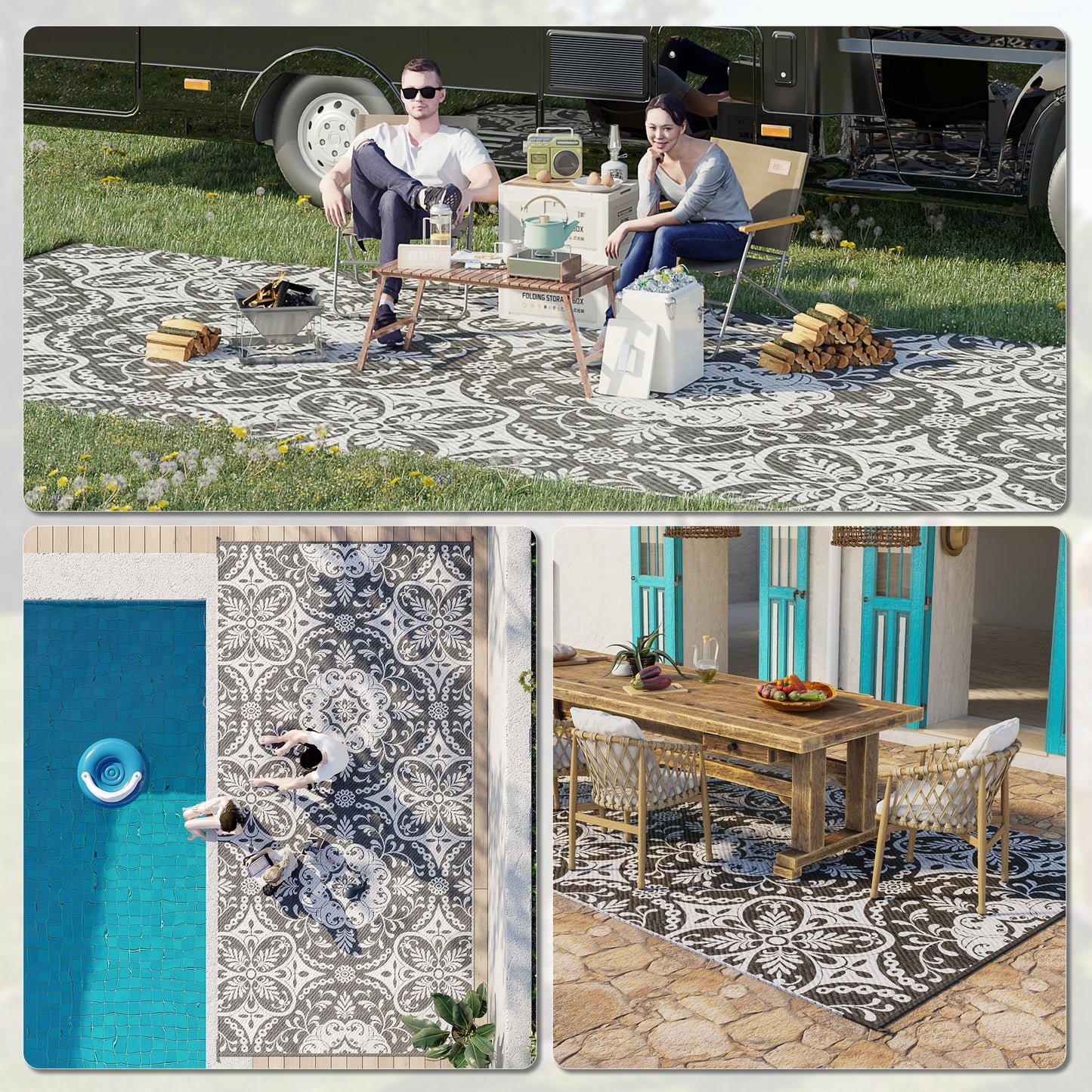 Portable Outdoor Rug with Carry Bag, 9' x 18' Reversible Mat, Waterproof Plastic Straw RV Rug for Backyard, Deck, Picnic