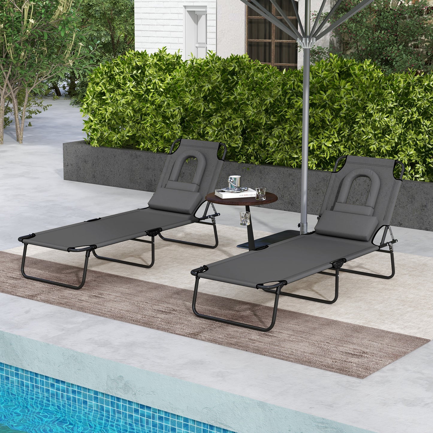 Folding Lounge Chair Set of 2, Reclining Beach Tanning Chair with Face Hole, Pillow, 4-Position Adjustable Flat Sun Loun