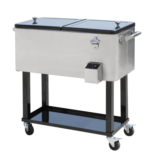 80 Quart Rolling Cooler Cart Ice Beer Beverage Cooling Bin for Outdoor Party, 35.4" x 15.4" x 32.7", Silver