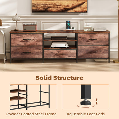 TV Stand for TVs up to 70 Inch, Industrial TV Console with Charging Station, 5 Drawers and Open Shelves, Rustic Brown