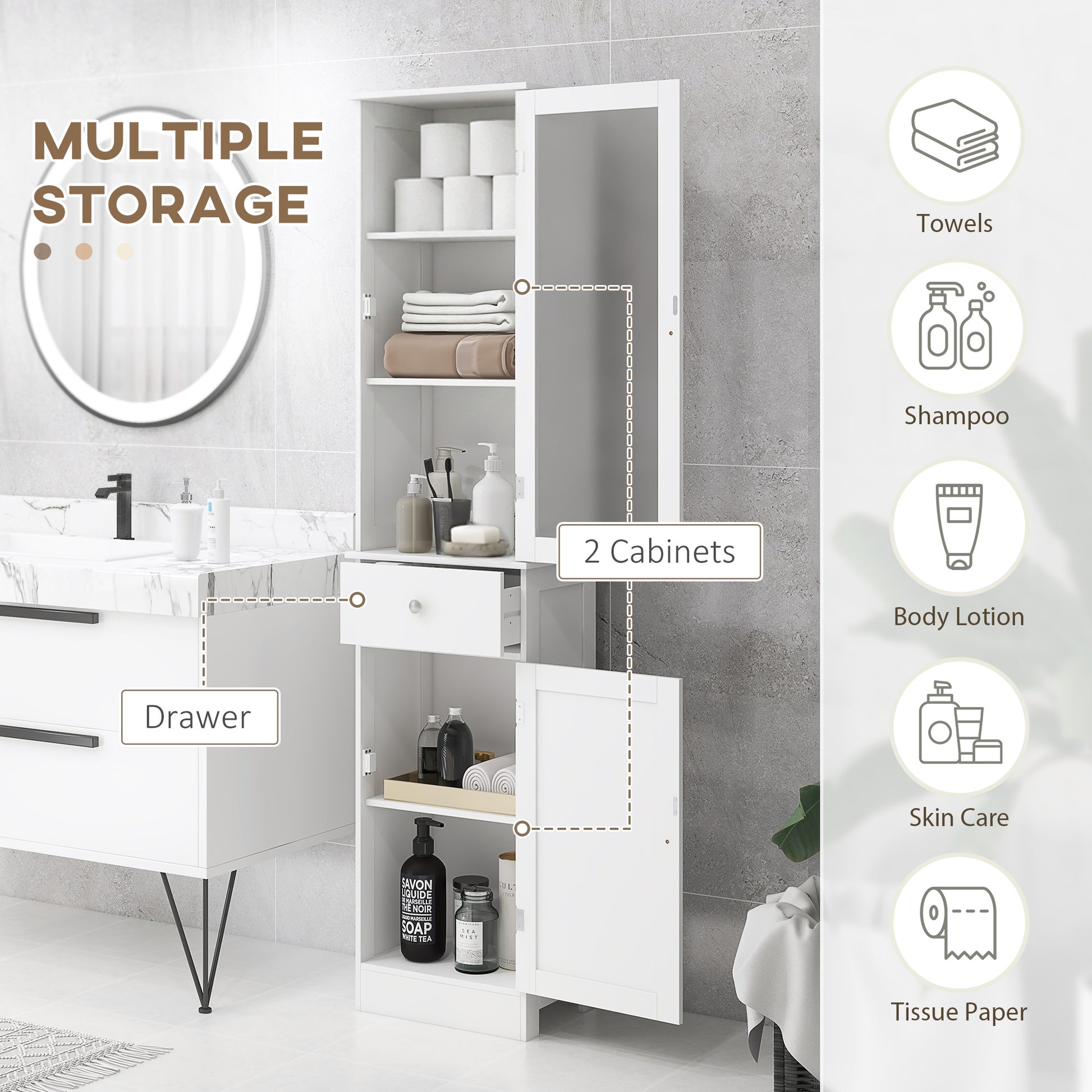 Tall Bathroom Cabinet, Bathroom Storage Cabinet with Drawers, 2 Doors and Adjustable Shelves, White