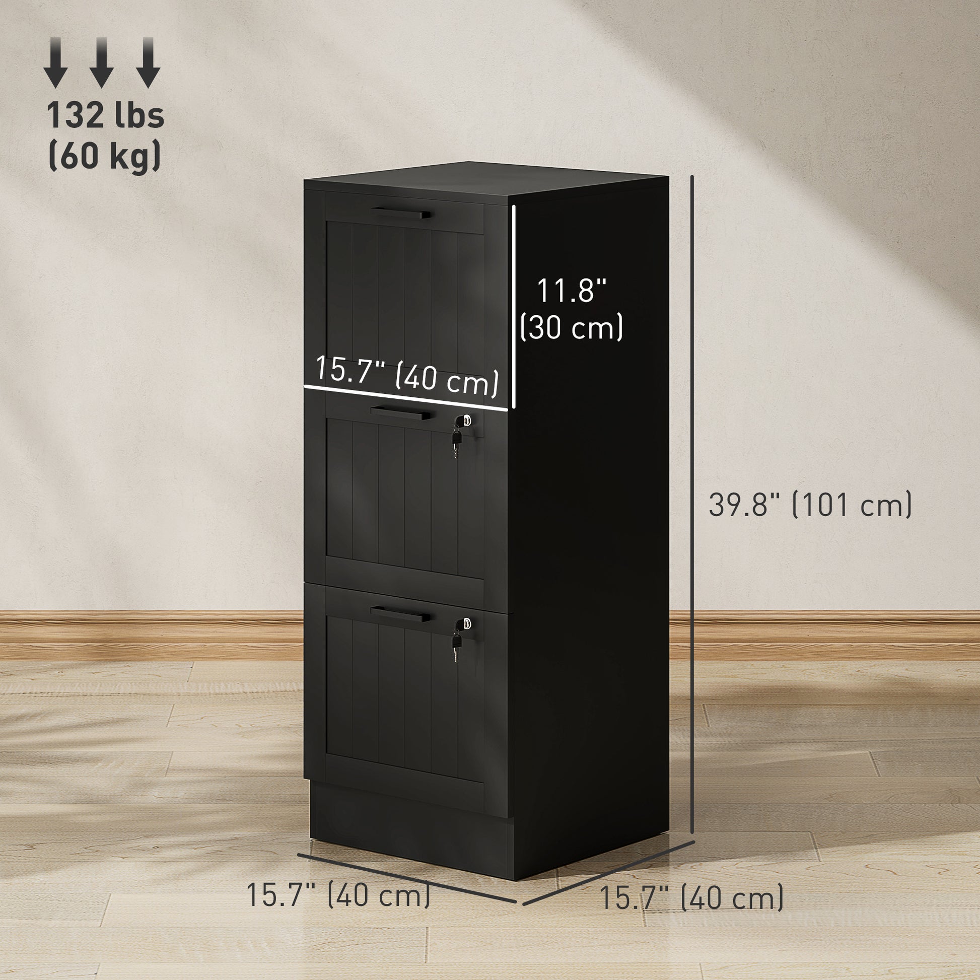 3 Drawer Filing Cabinet with Lock, Office Storage Cabinet with Adjustable Hanging Bars for A4 Letter Size Files, Black