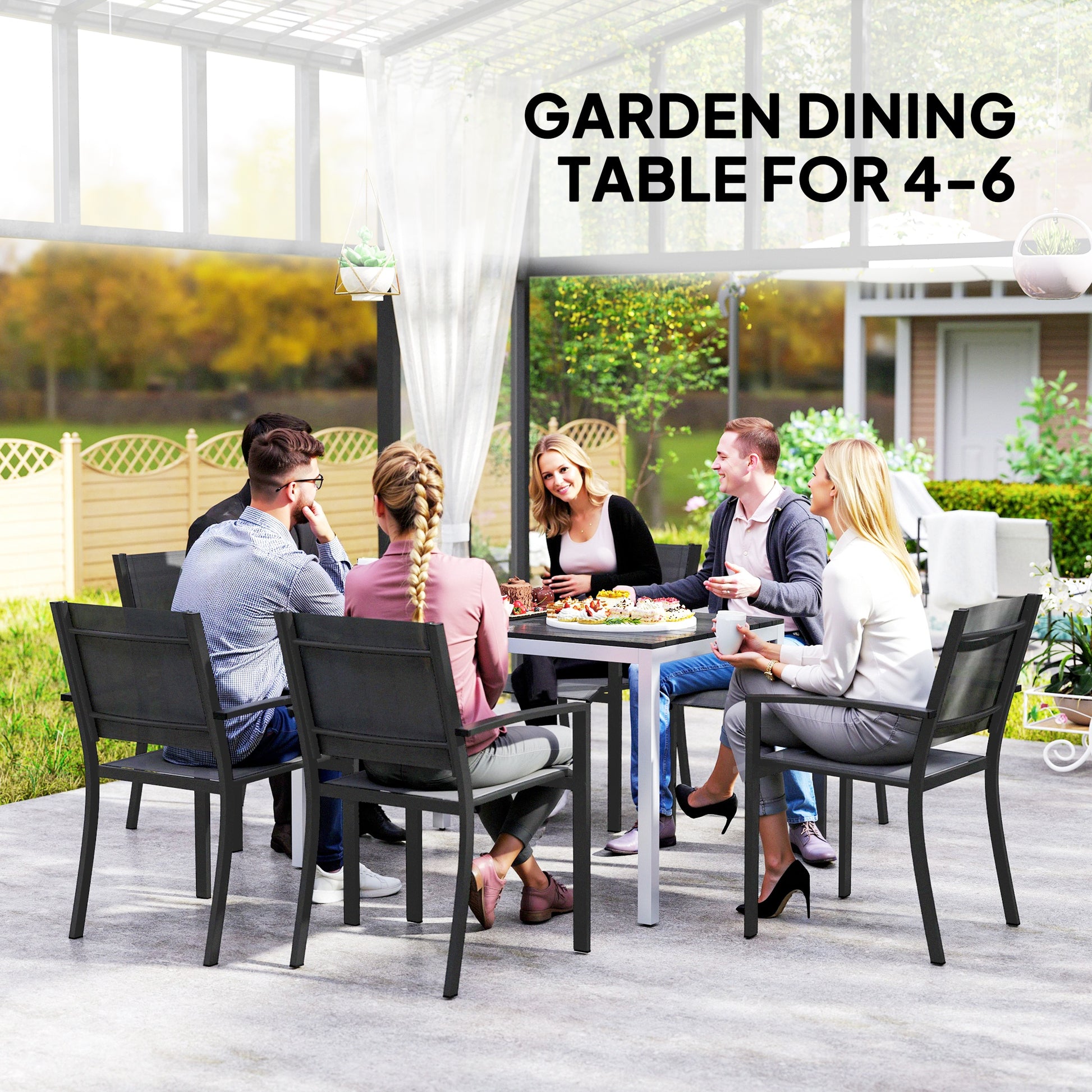 Outdoor Dining Table for 4-6 with Easy Maintenance Slatted Top, Rust-Resistant Aluminium Frame, Black