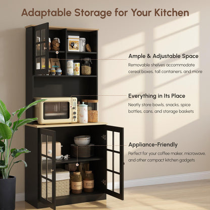 Kitchen Buffet with Hutch, Storage Pantry with 3 Cabinets, 2 Open Shelves and Large Countertop, Black