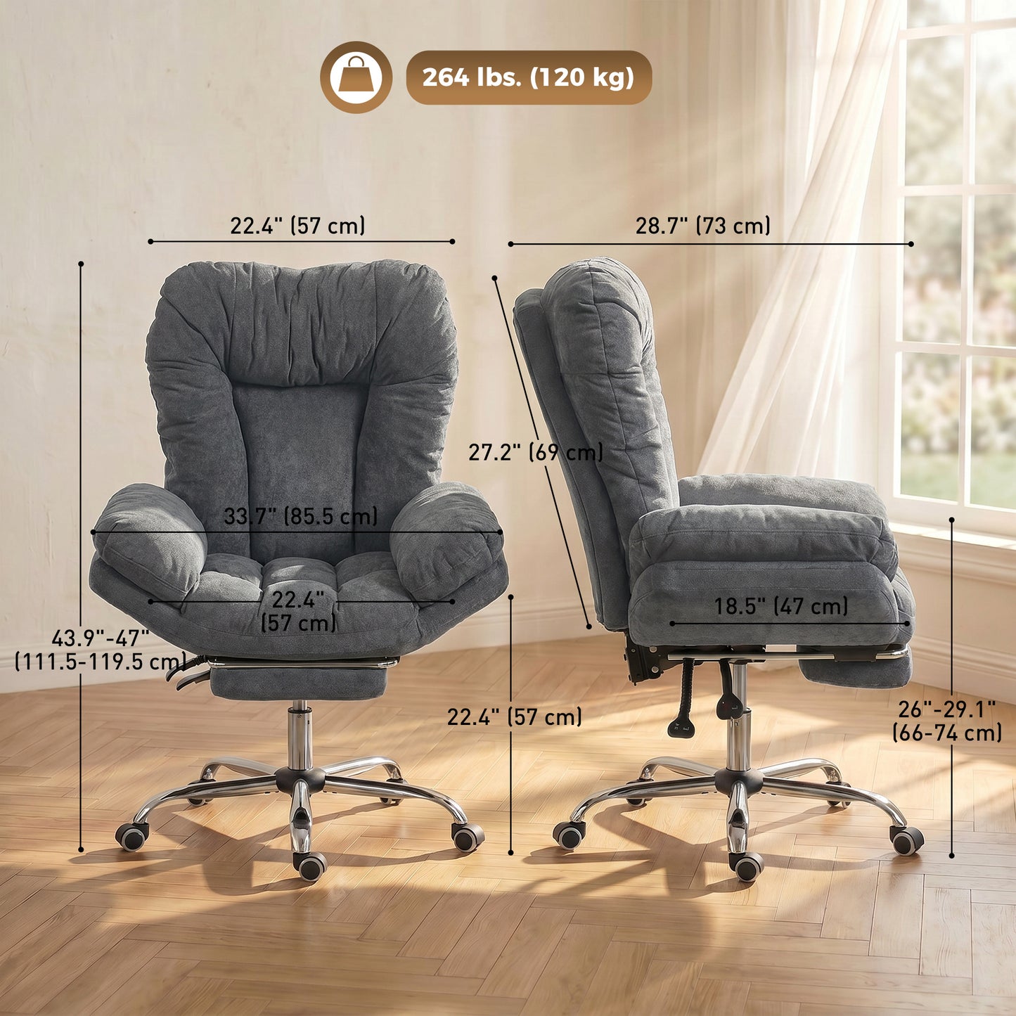 Criss Cross Chair with Wheels, Waterfall Armrests, Overstuffed Wide Office Chair with Footrest, Dark Grey