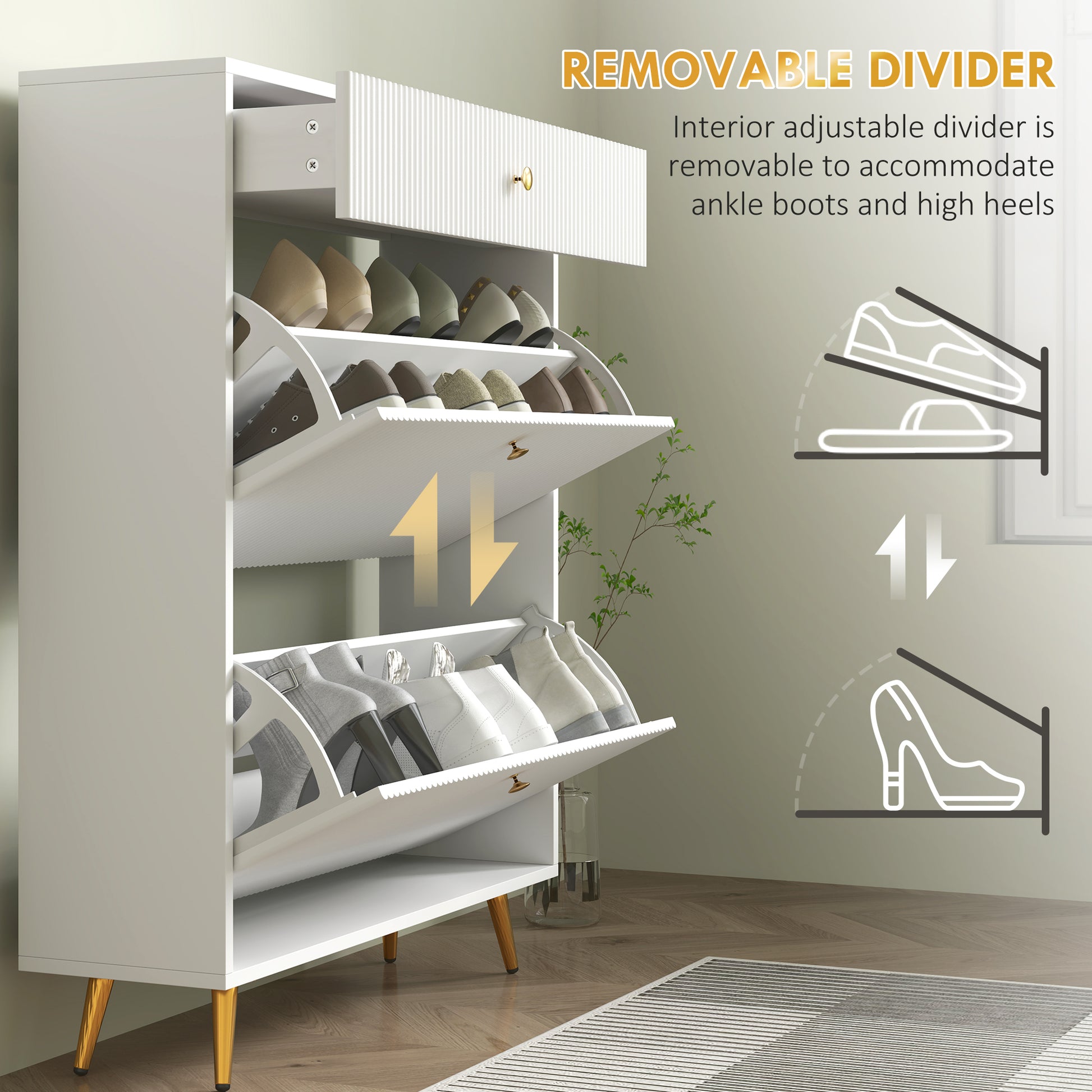 Narrow Shoe Storage Cabinet with Wave-like Panels and Adjustable Shelves for 12 Pairs of Shoes, White