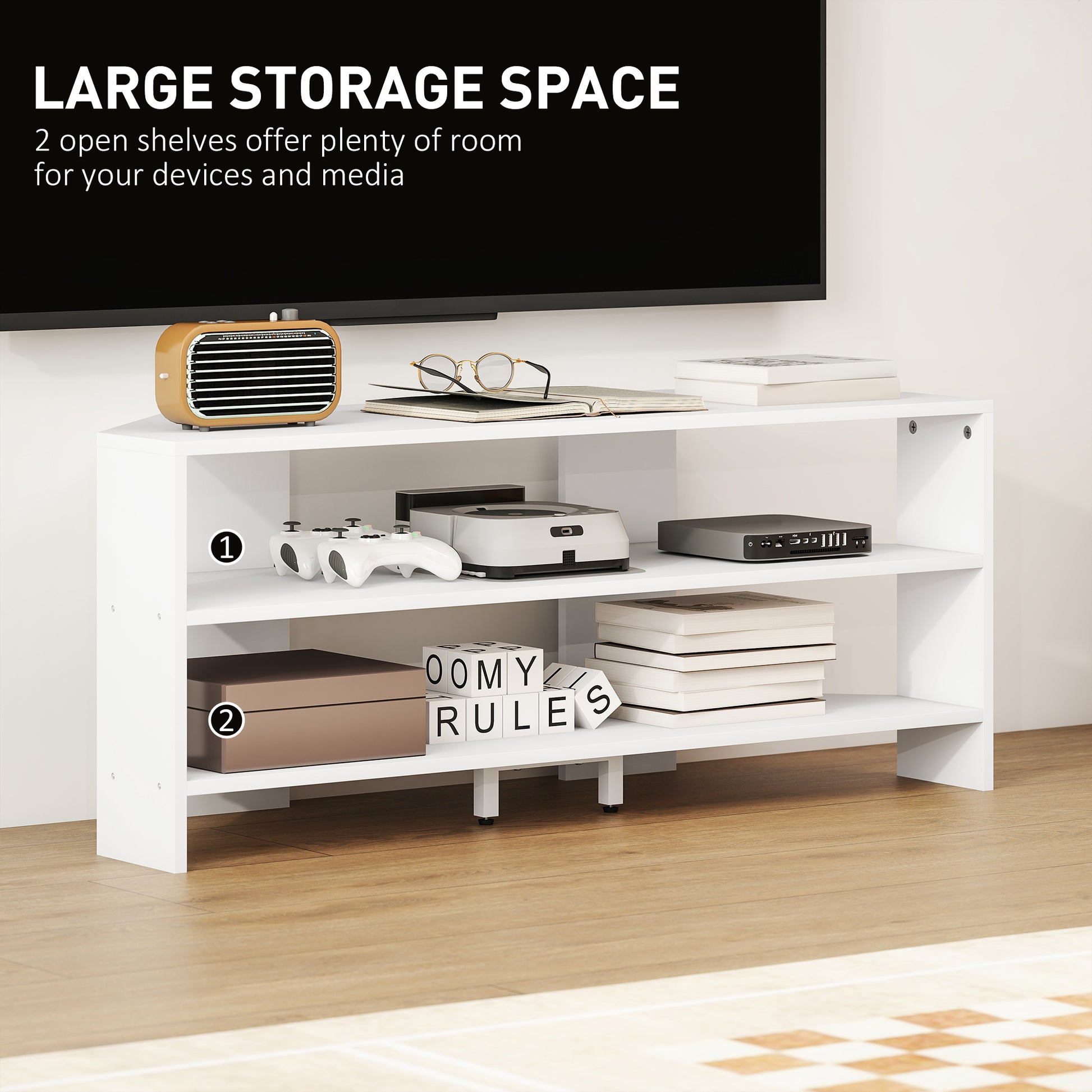 Corner TV Stand, Modern TV Table with 2 Open Shelves for 47 Inch TV, Entertainment Center for Living Room, White