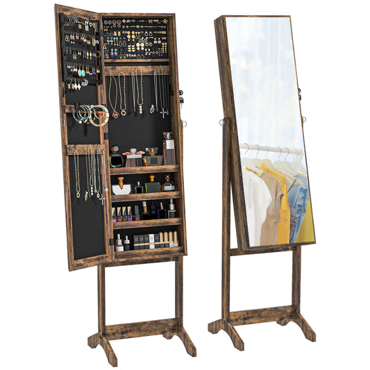 Lockable Mirror Jewelry Cabinet, Full-Length Mirror and Jewellery Storage with 3 Adjustable Angles, Rustic Brown