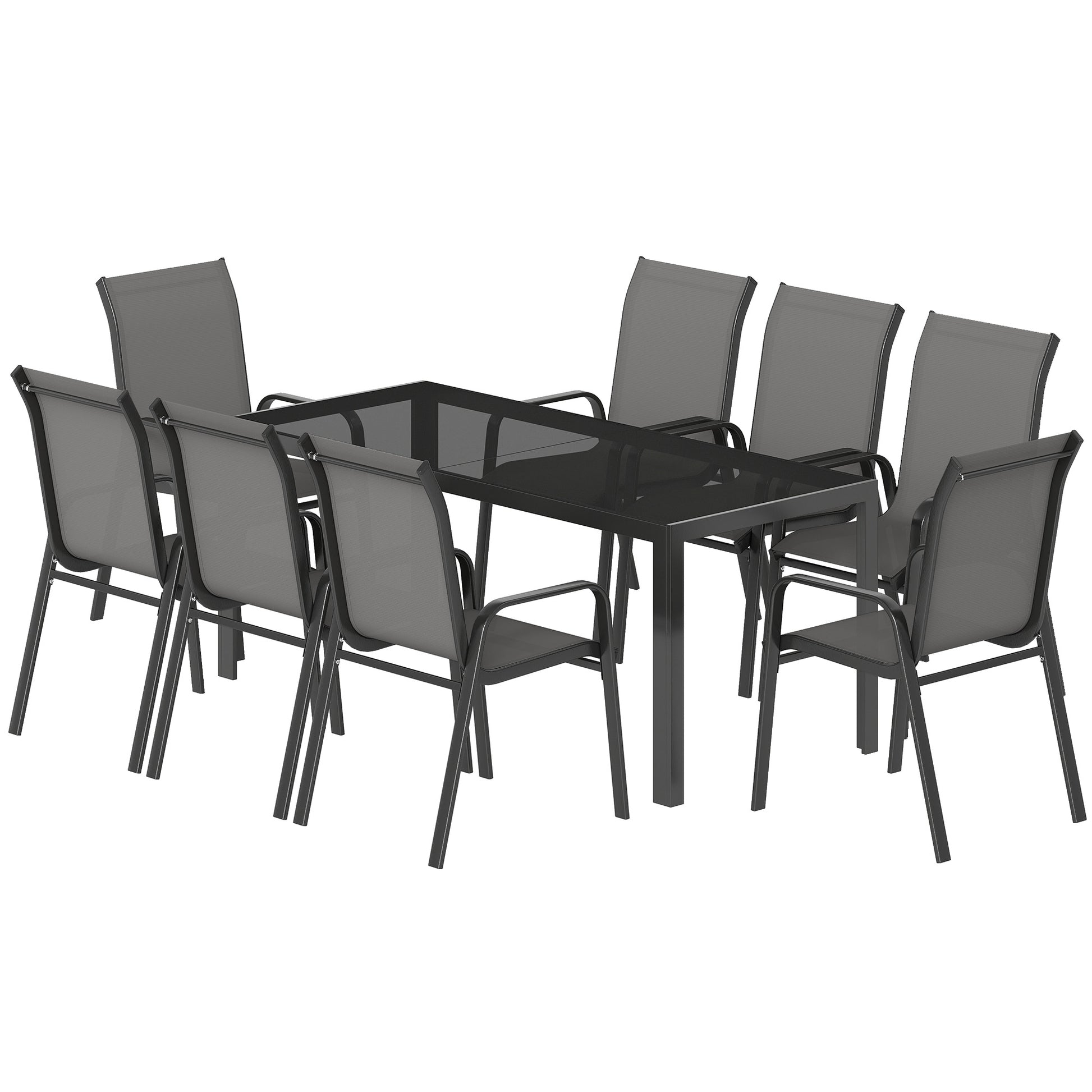 Outdoor Dining Sets for 8 with Stackable Chairs, Patio Dining Set with Glass Top Table for Garden, Patio, Backyard, Dark