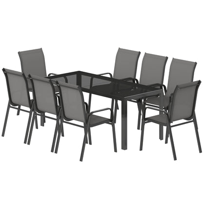 Outdoor Dining Sets for 8 with Stackable Chairs, Patio Dining Set with Glass Top Table for Garden, Patio, Backyard, Dark