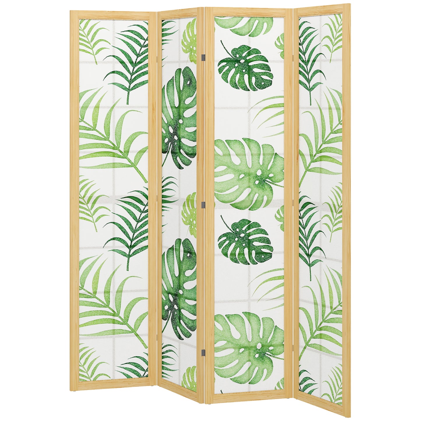 4 Panel Folding Privacy Screen, 67" Room Divider with Palm Leaf Design for Living Room Bedroom, Natural and Green