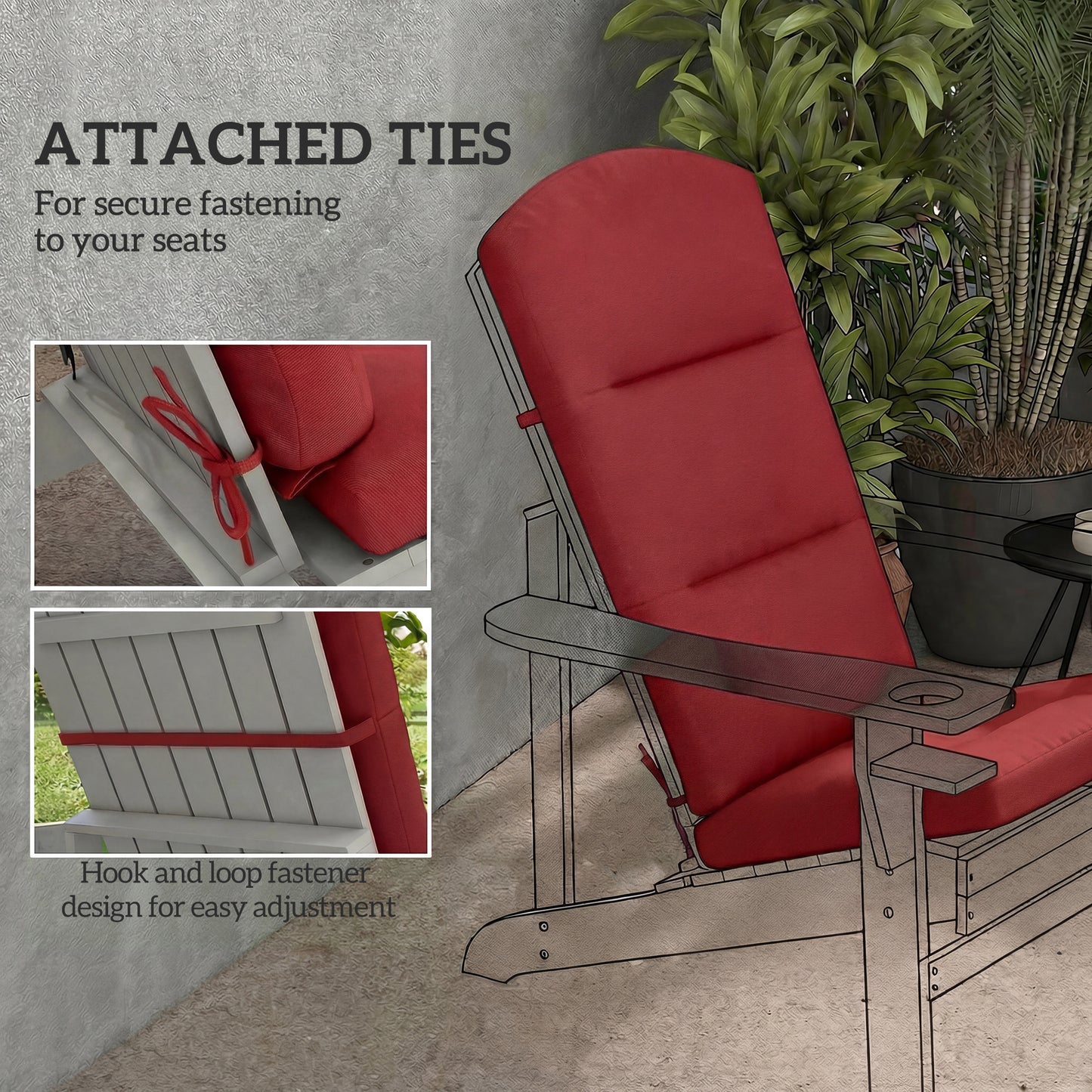 Patio Chair Cushion for Adirondack Chairs Replacement Cushion with Back and Ties, Wine Red
