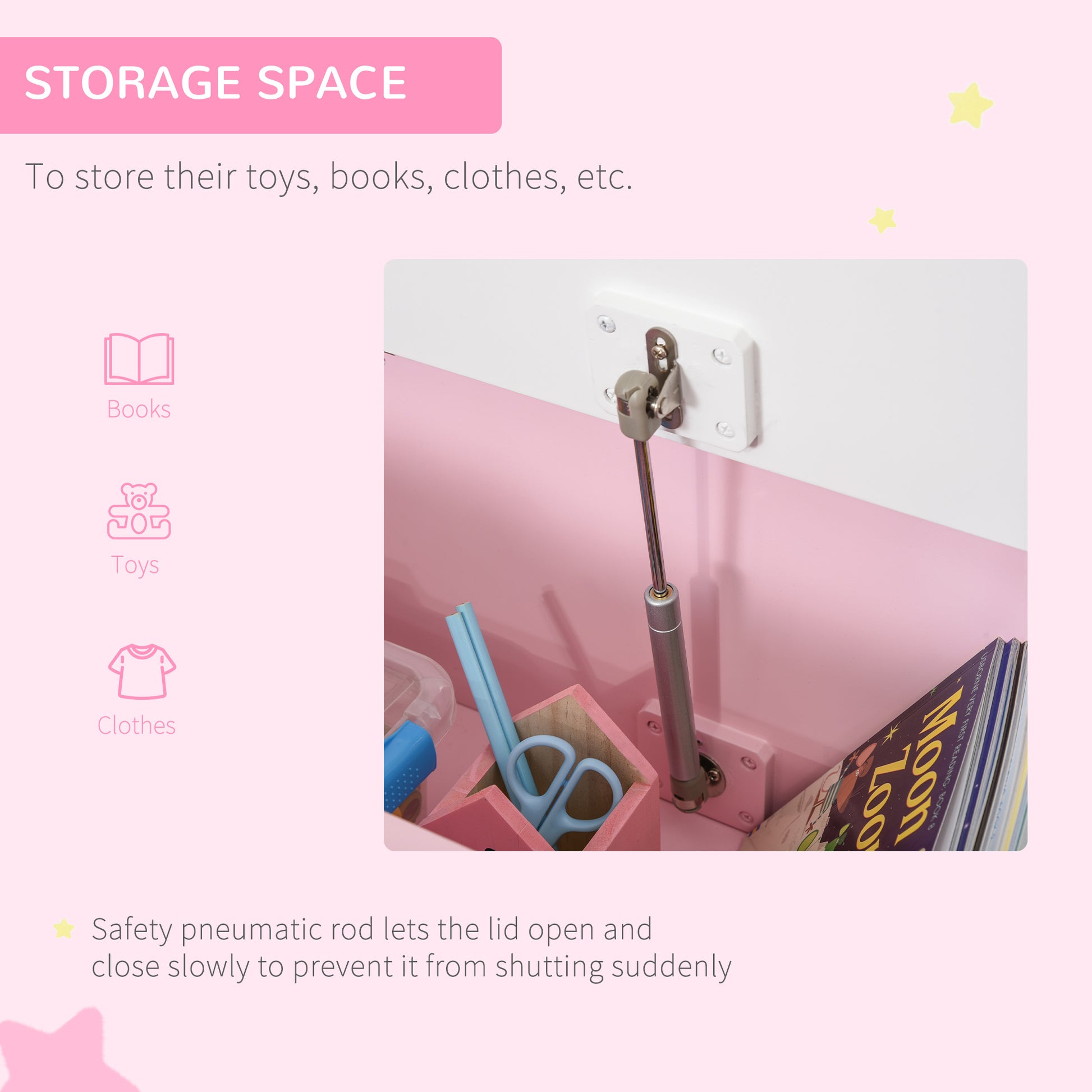Qaba 2-in-1 Kids Toy Box Storage Organizer Chest Cabinet Chunk Cube with Safety Pneumatic Rod, Pink