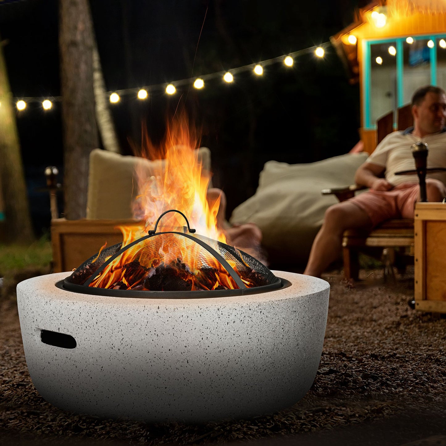 24" Outdoor Fire Pit with Stone Effect, Wood-burning Firepit Fireplace with Spark Screen and Poker for Backyard Camping 