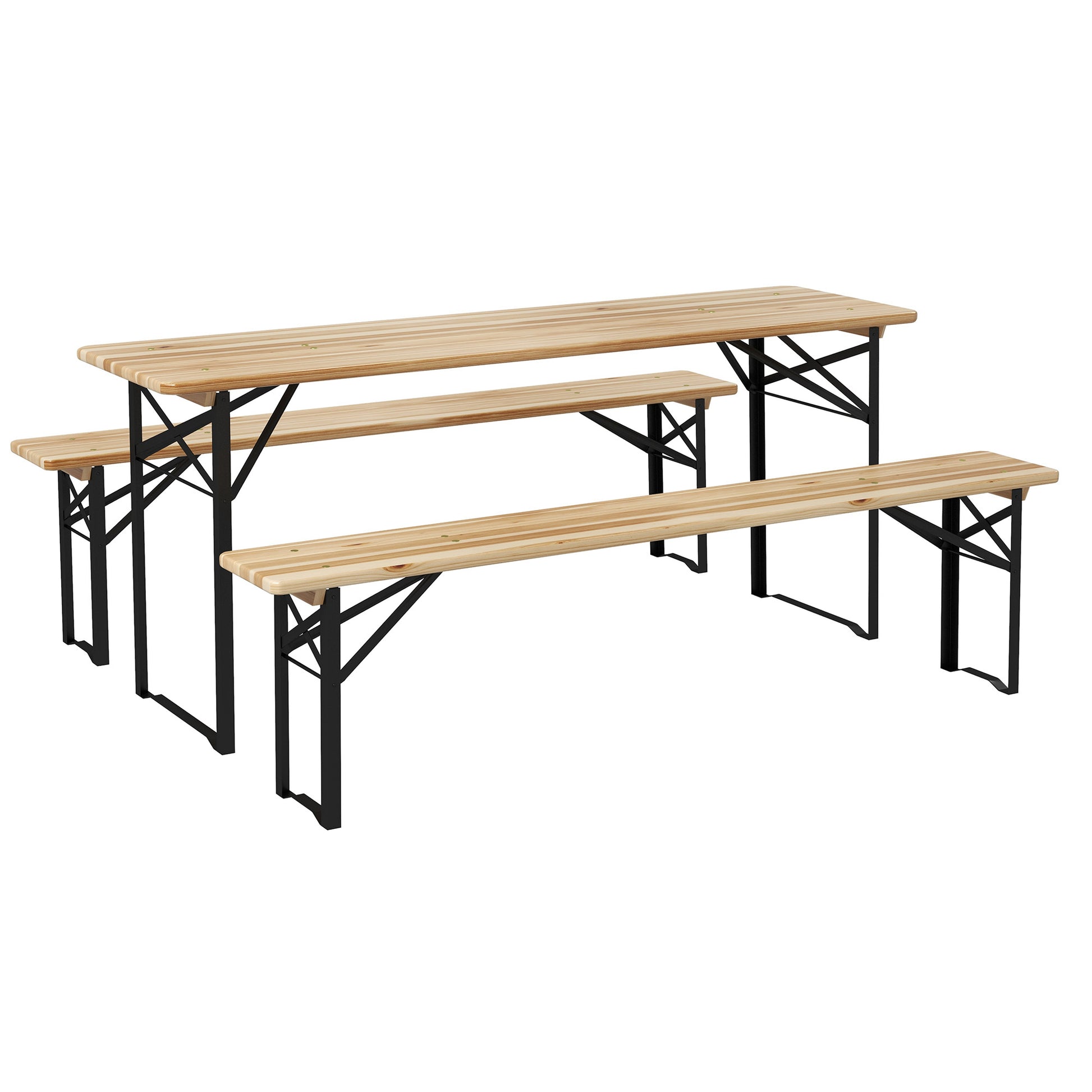 3 Pieces Folding Picnic Table Set, Portable Folding Picnic Table and Benches with Steel Frame for Garden, Park, Natural 