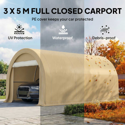 10' x 16' Heavy Duty Portable Carport Tent with Zippered Door, PE Cover for Car, Boat, Motorcycle, Bike, Beige