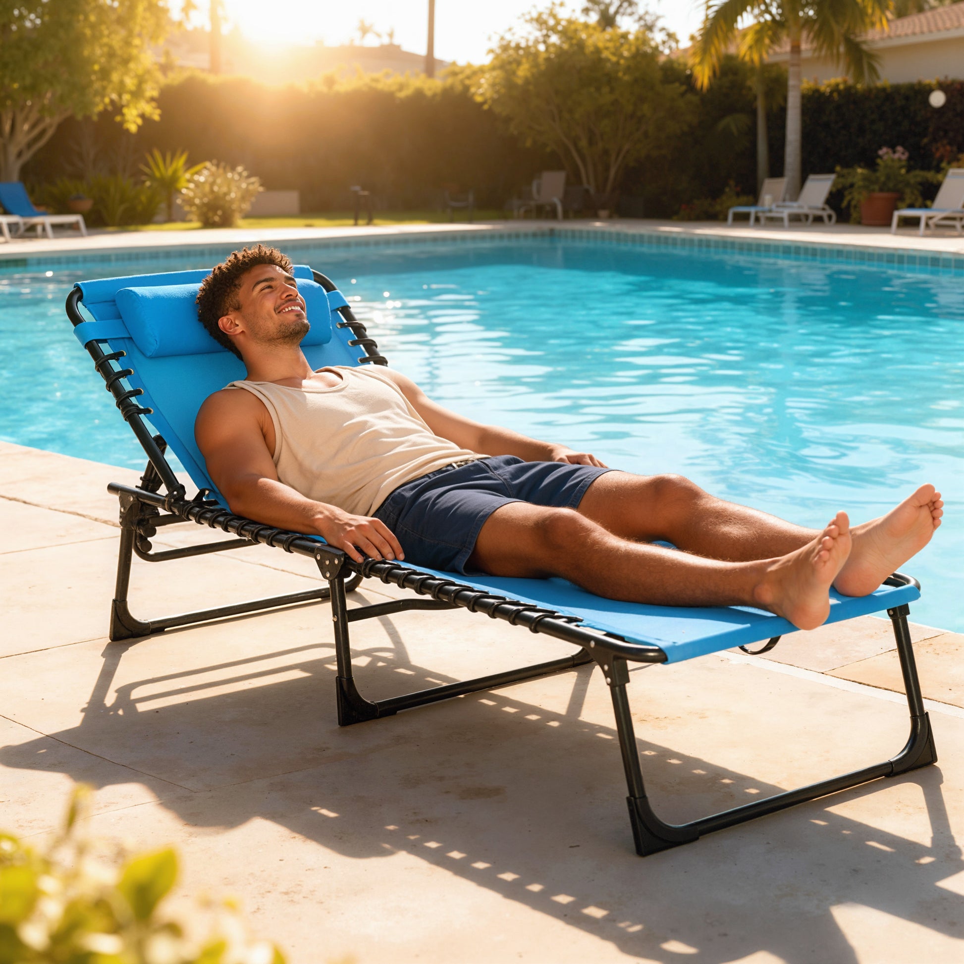 Outdoor Folding Lounge Chair, 4-Level Adjustable Chaise Lounge with Headrest, Tanning Chair Beach Bed, Reclining Lounger