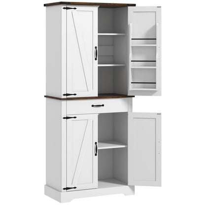 71" Tall Kitchen Cabinet, Farmhouse Pantry Cabinet with Barn Doors, Drawer and Adjustable Shelves, White