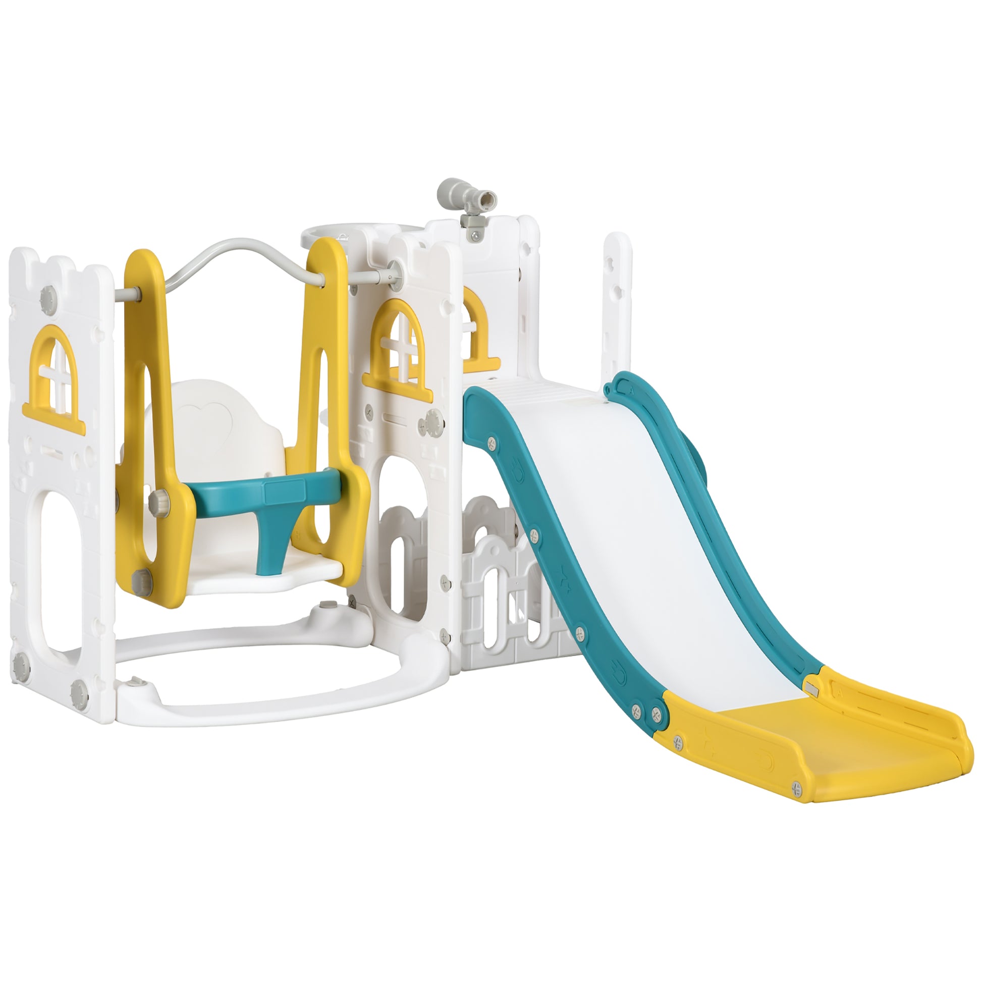 Qaba 6-in-1 Slide and Swing Set Baby Swing Playset Indoor with Basketball Hoop, Climber, Storage Space, Telescope, Yello