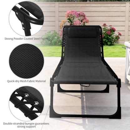 Outdoor Folding Lounge Chair, 4-Level Adjustable Chaise Lounge with Headrest, Tanning Chair Beach Bed Reclining Lounger 
