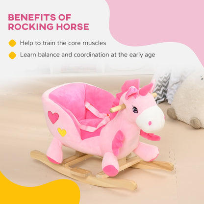 Qaba Baby Rocking Horse, Plush Animal Rocker for Toddlers Aged 18-36 Months, Stuffed Ride Toy with Sounds, Seat Belt, Pi