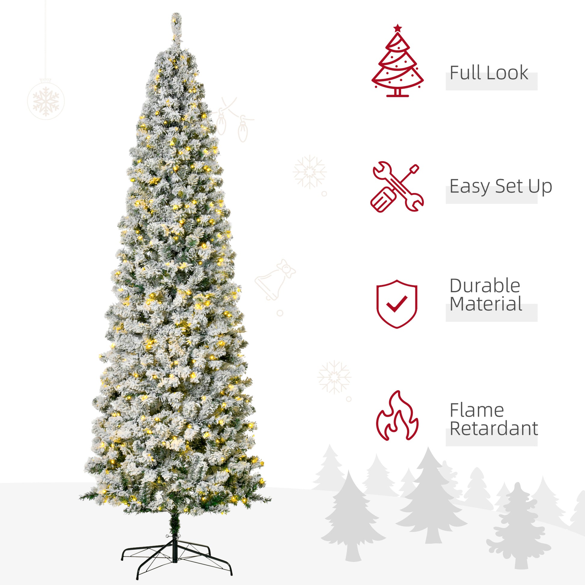 9 Feet Prelit Artificial Snow Flocked Pencil Christmas Tree, Slim Xmas Tree with Warm White LED Light, Holiday Home Xmas