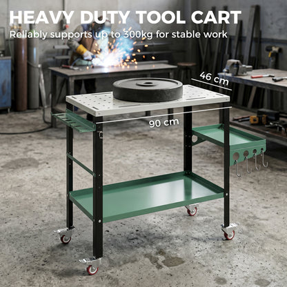 2Tier Rolling Welding Table, Lockable Steel Heavy Duty Welding Workbench Table with Side Tray, Silver & Green