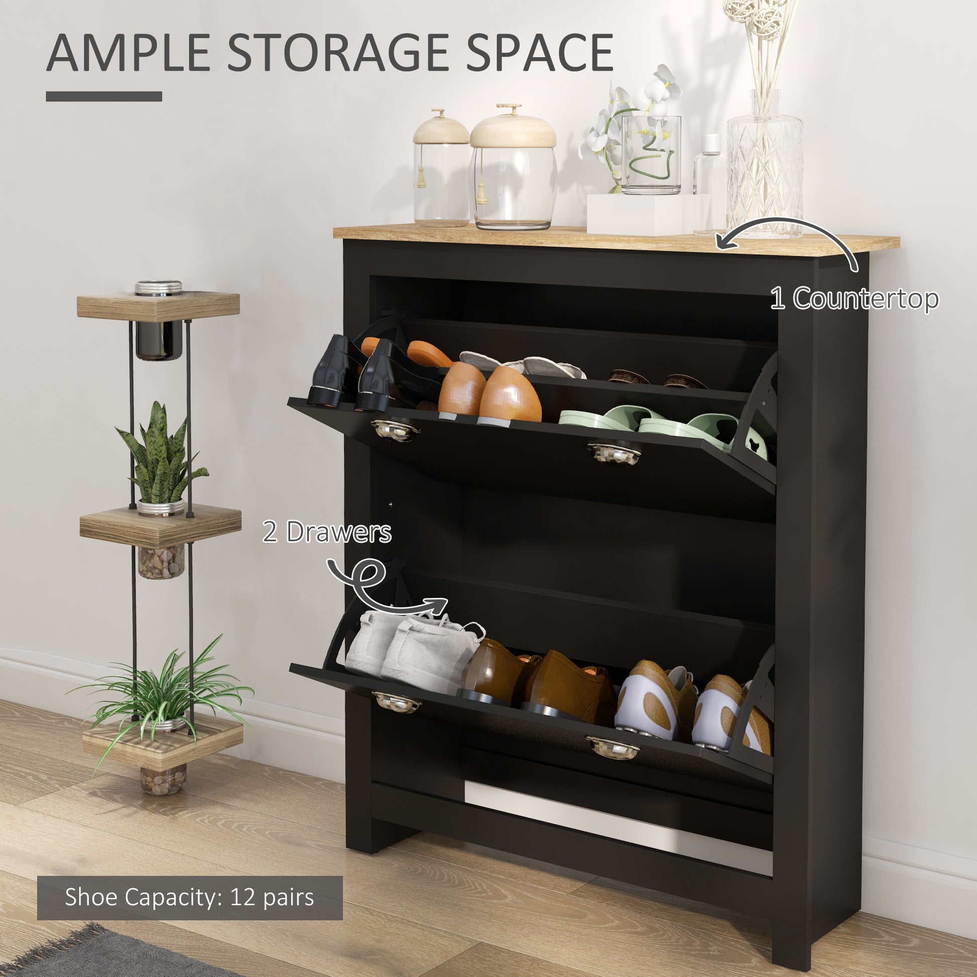 Small Shoe Cabinet with 2 Flip Drawers and Adjustable Shelves, 12 Pair Shoe Storage Organizer for Hallway, Black