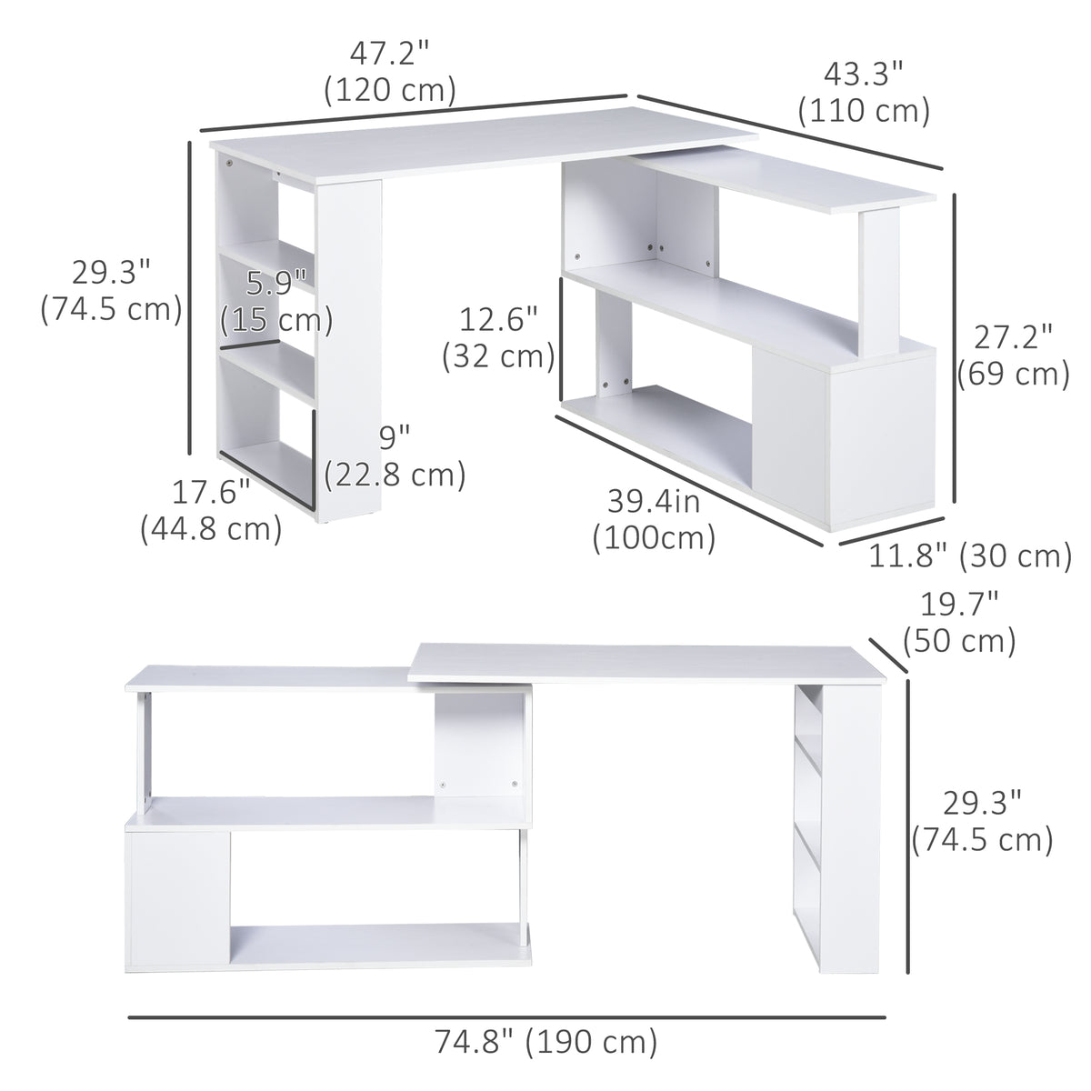 47" L Shaped Desk, 360° Rotating Corner Desk, Reversible Computer Writing Table Workstation with Storage Shelf for Home 