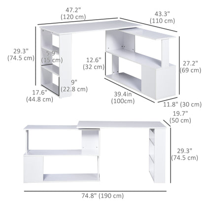 47" L Shaped Desk, 360° Rotating Corner Desk, Reversible Computer Writing Table Workstation with Storage Shelf for Home 