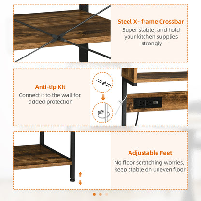 Baker's Rack with Charing Station, Microwave Shelf with Power Outlet, USB Charger and 5 Hooks, Rustic Brown